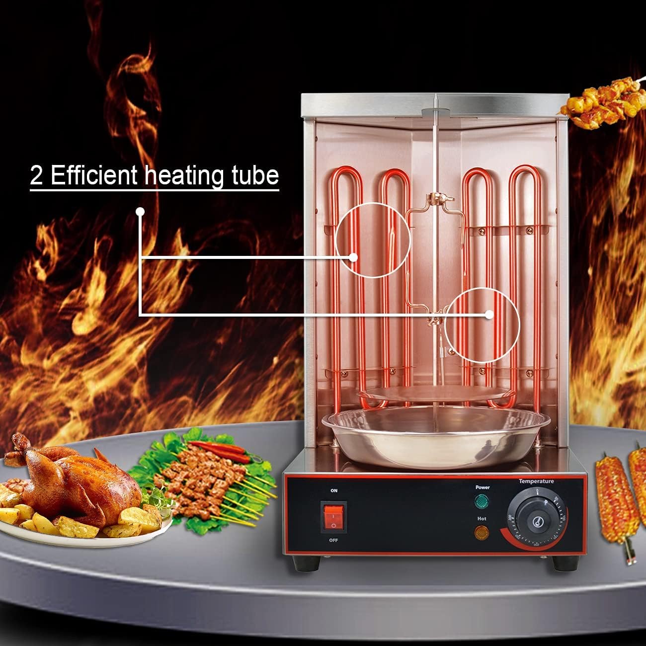 Li Bai Shawarma Machine Electric Vertical Kebab Grill Gyro Rotisserie Oven Meat Broiler with 2 Heating Tubes Stainless Steel Body 110V For Home