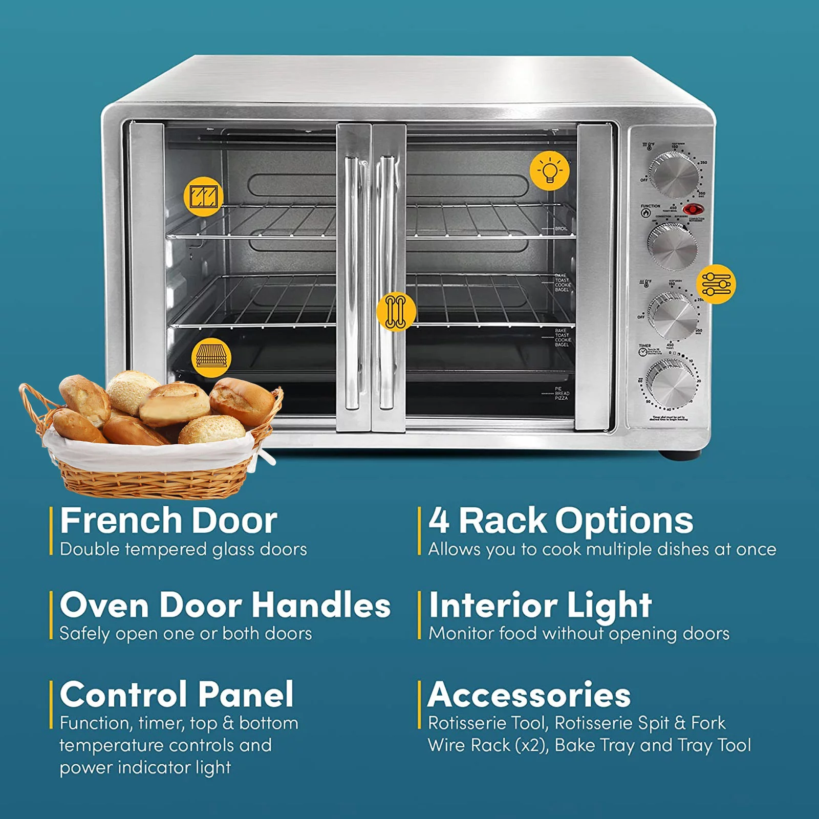 18-Slice Countertop Convection Oven - With 4-Control Knobs - Bake Broil Toast Rotisserie (Stainless Steel)