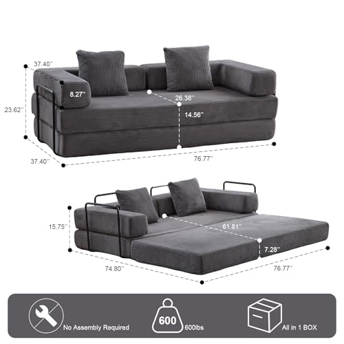Convertible Sleeper Sofa Bed with Cylindrical Pillow, Corduroy Folding Mattress Couch with Fixed-Shape Frame