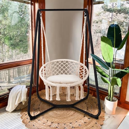 SUNCREAT Hammock Chair with Stand Included, Heavy Duty Hanging Chair with Stand, 330 lbs Capacity, Patent Pending, Grey