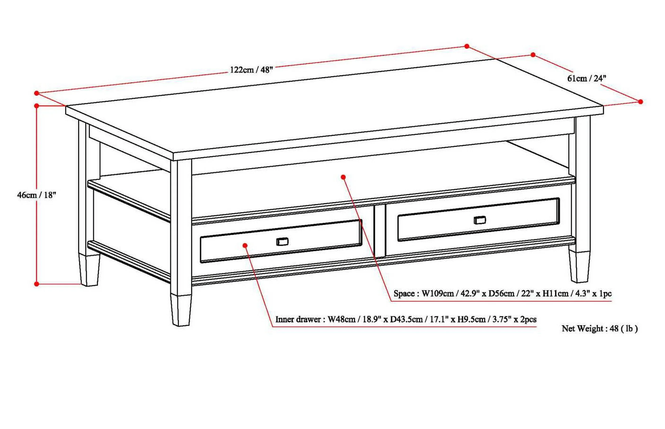 Warm Shaker SOLID WOOD 48 inch Wide Rectangle Transitional Coffee Table in Light Golden Brown