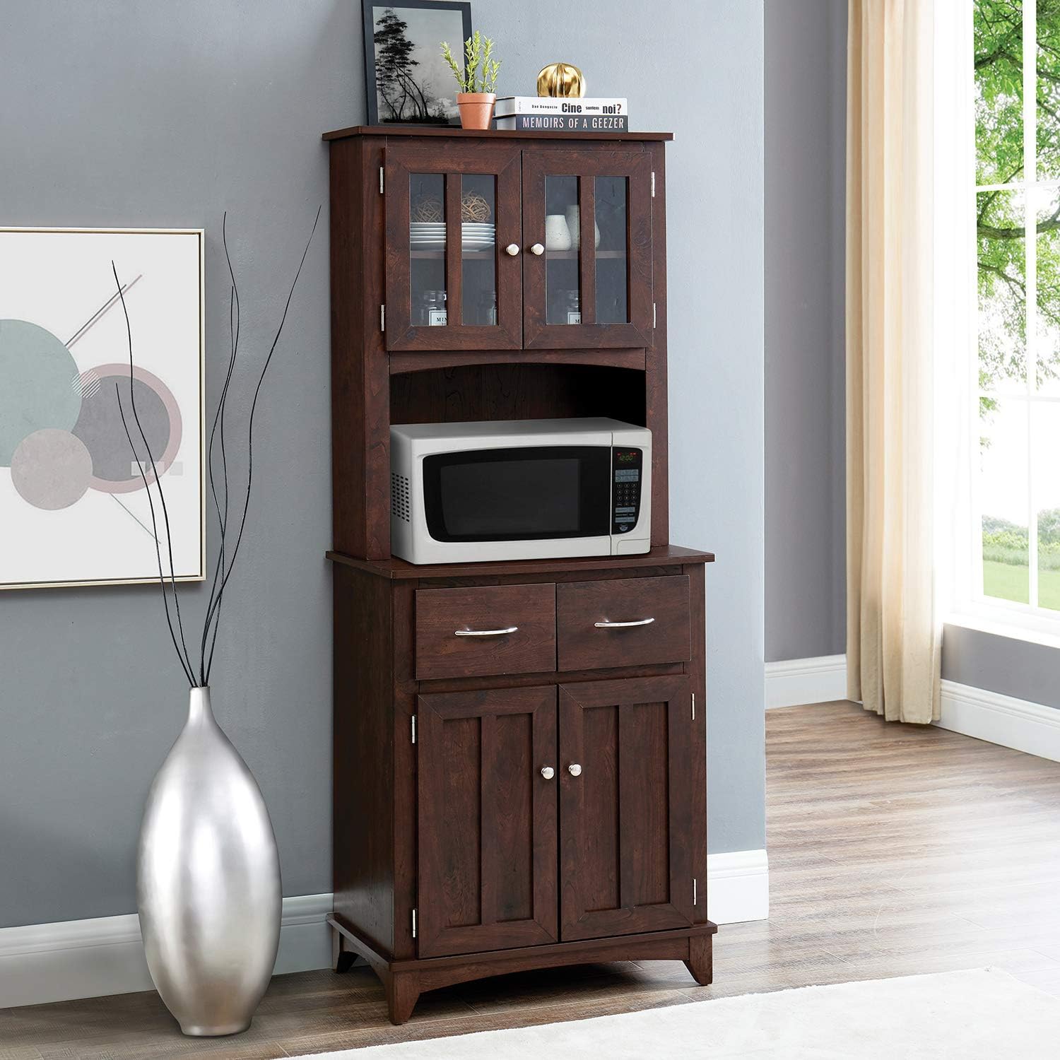 Home Source Gray Microwave Stand with Top and Bottom Cabinets