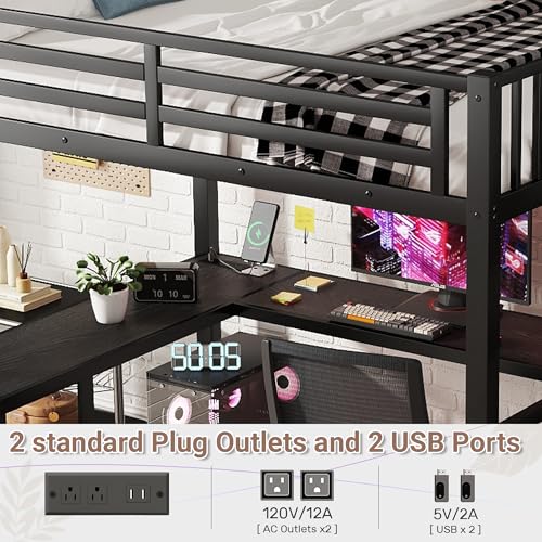 Loft Bed with Desk Queen Size, Gaming Loft Bed with LED Light for Adults, Heavy-duty Loft Beds Frame with Stairs & Wardrobe & Storage Shelves