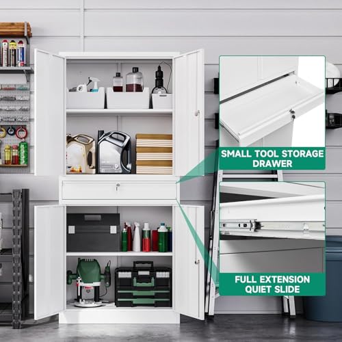 Letaya Metal Garage Storage Cabinet with Drawer,4 Door Tool Cabinet with Lock-2 Adjustable Shelves for Garage Home Office Utility Room (Black)