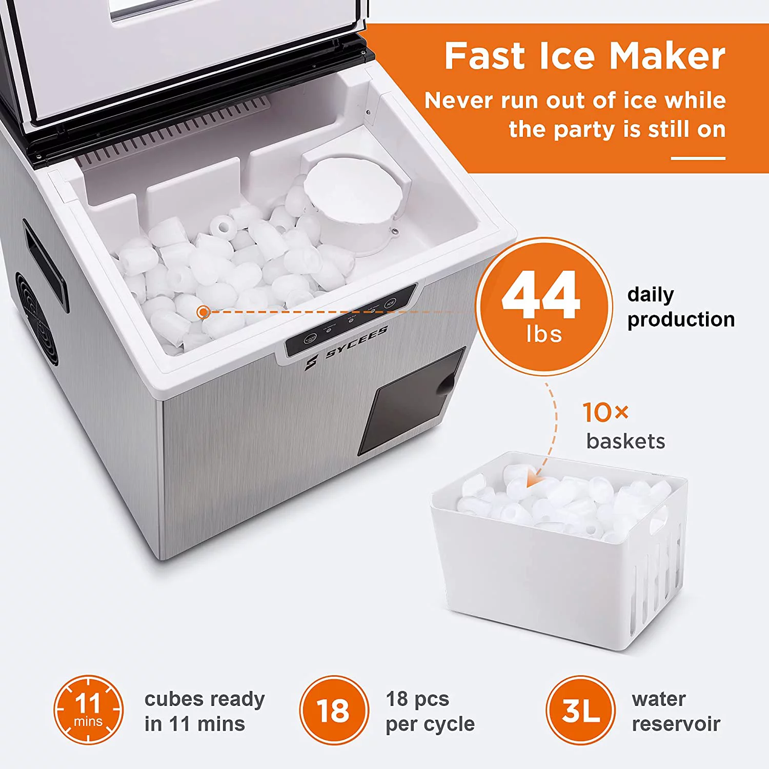 Sycees 2-in-1 Countertop Ice Maker Machine & Ice Shaver, 44lbs Stainless Steel