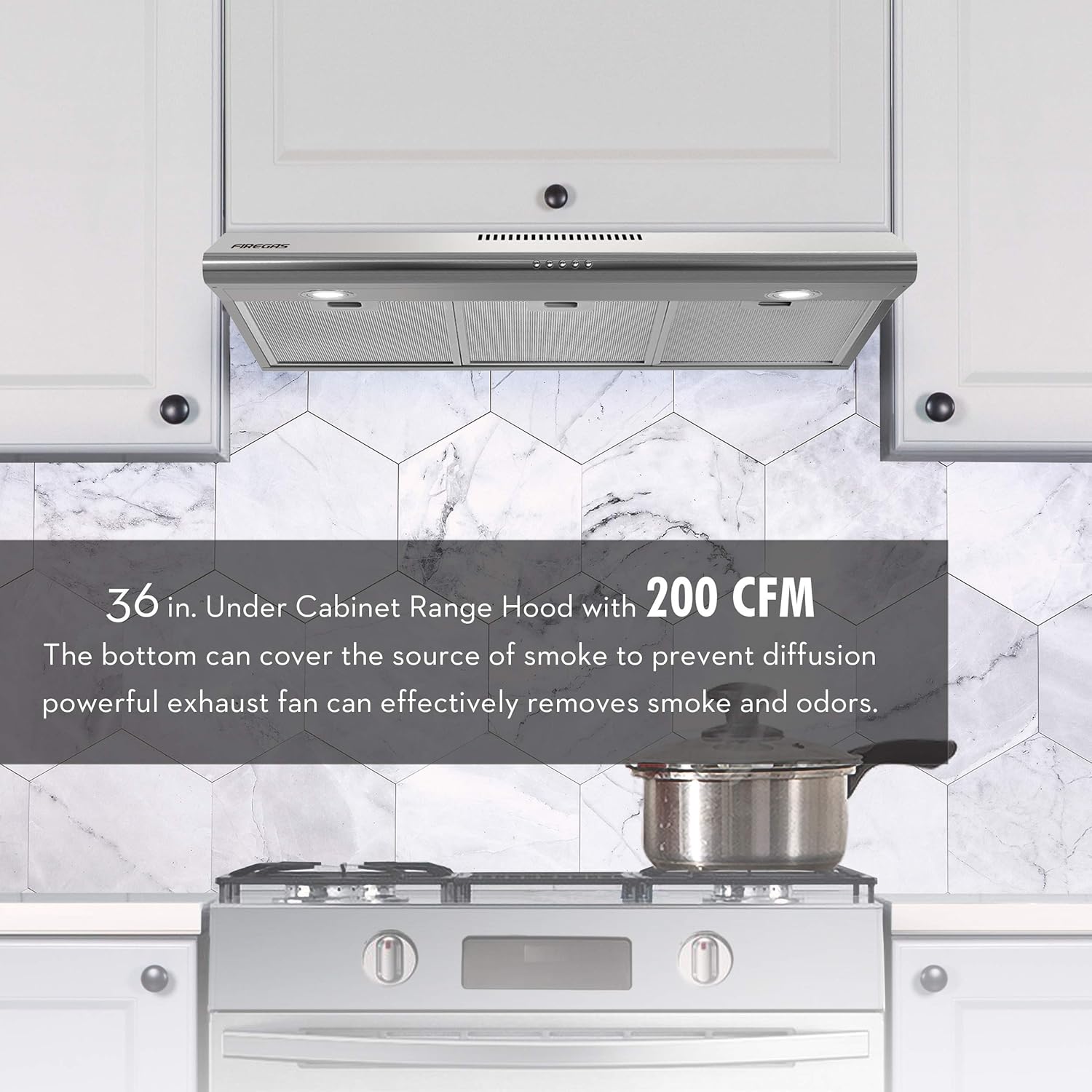 FIREGAS Under Cabinet Range Hood 36 inch with Ducted/Ductless Convertible, Slim Kitchen Over Stove Vent, LED Light, 3 Speed Exhaust Fan