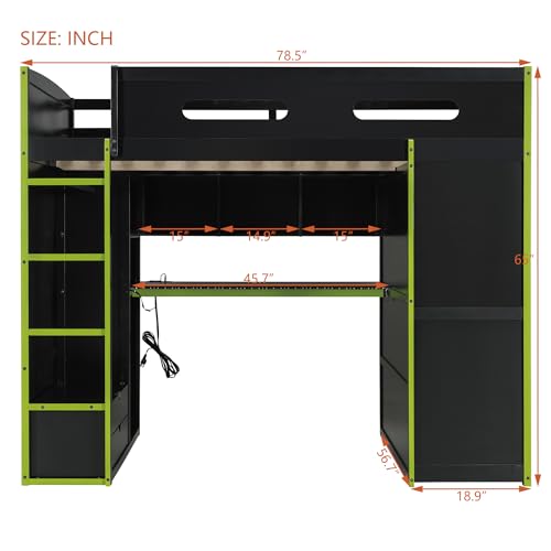 Modern Full Size Gaming Loft Bed with Built-in Desk and Storage Wardrobe, Wood Loft Bed Frame with Light Strip and 2 Drawers