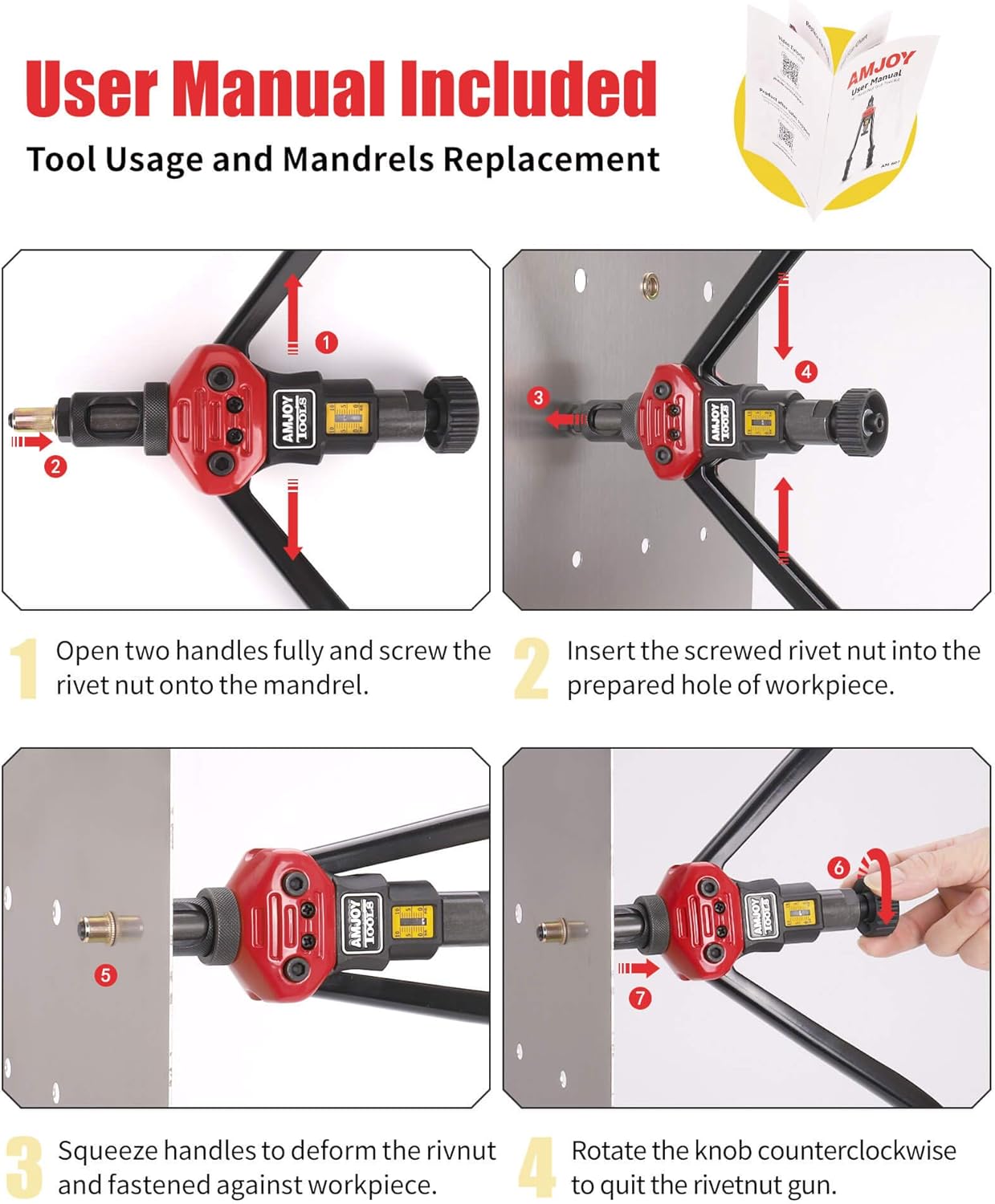 Amjoy Rivet Nut Tool 16'' Long Handles, Labor-Saving Rivnut Tool Set with 8 Mandrels(Metric/SAE), Easy Use Rivet Nut Kit with 80 Rivet Nuts