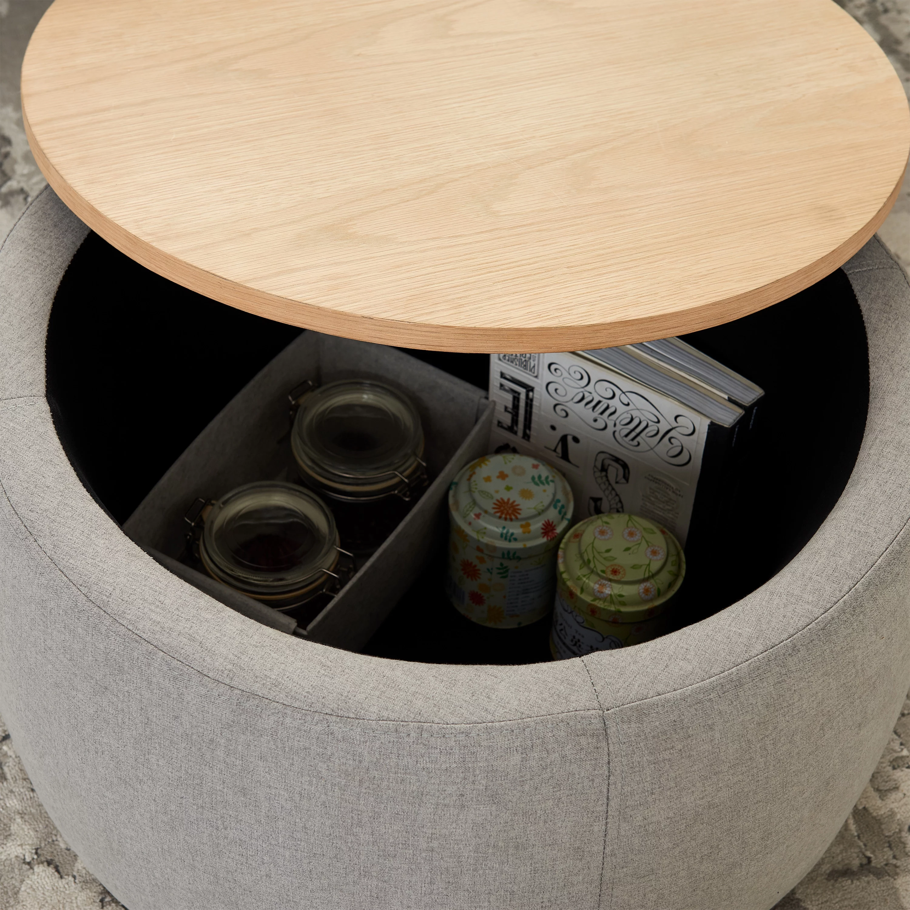 Seizeen Ottoman With Storage, Round Storage Ottoman Coffee Table with Wood Tray, 2-in-1 Fabric End Side Table for Living Room Bedroom, Grey