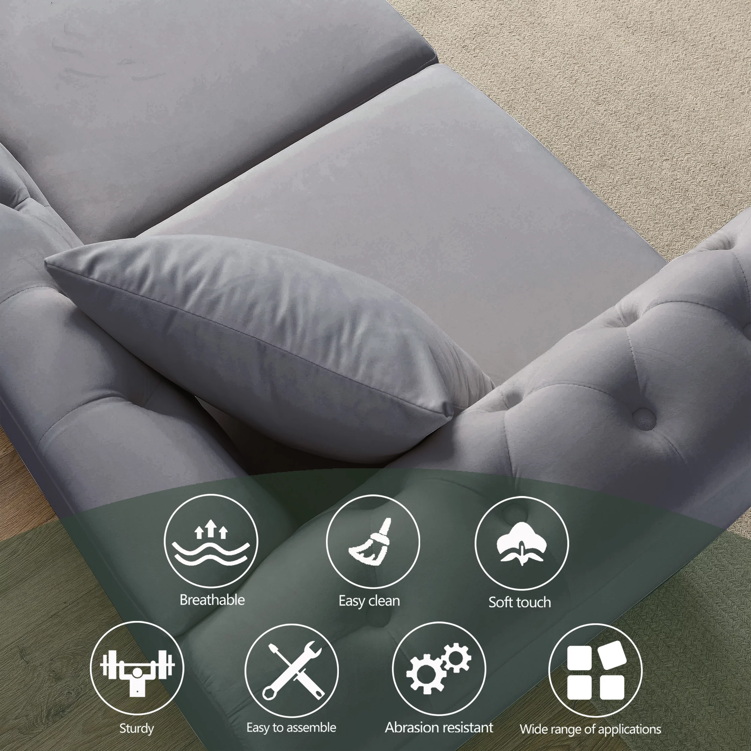 Ufurpie 80" 3-Seater Velvet Chesterfield Sofa with 2 Pillows,Tufted Couch with Rolled Arms and Nailhead,for Living Room,Bedroom,Office,Apartment,Gray