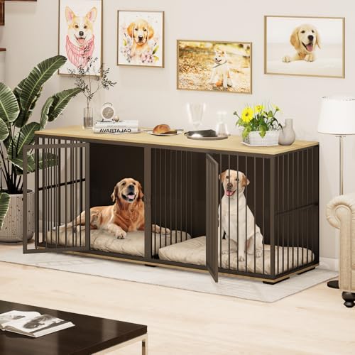 EBE Dog Crate Furniture, 71.6'' Metal Steel Frame Double Dog Kennel with 2 Rooms and Removable Divider