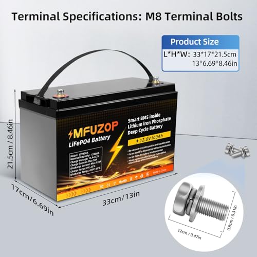 12V 100Ah LiFePO4 Battery, Built-in 100A BMS with Low-Temp Protection, Group 31 Deep Cycle Lithium Battery, Up to 20000 Cycles for RV, Marine