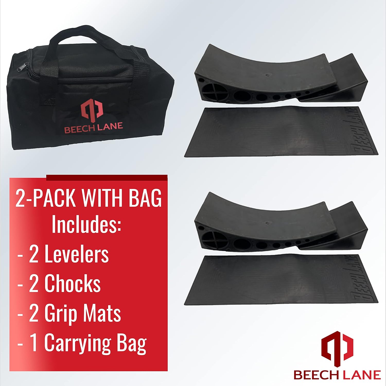 Beech Lane Camper Leveler 2 Pack with Carrying Bag - Precise Camper Leveling, Includes Two Curved Levelers, Two Chocks, Two Rubber Grip Mats