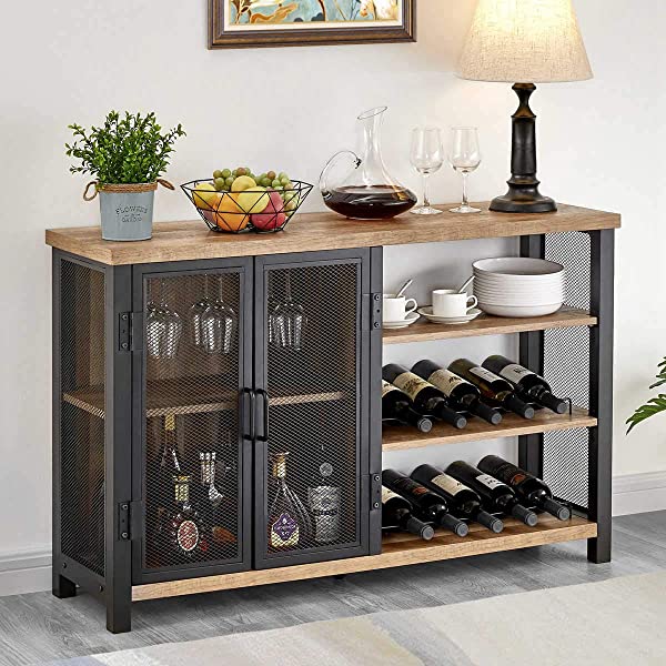 BON AUGURE Industrial Bar Cabinet for Liquor and Glasses, Rustic Wood and Metal Wine Rack Table, &nbsp;Accent Sideboard Buffet with Doors (47 Inch