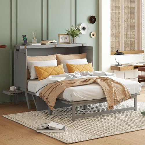 KEIKI Queen Size Cabinet Murphy Bed with Charging Station, Drawers, Removable Shelves, Multiple Storage Foldable Hideaway Wall Murphy Bed Frame