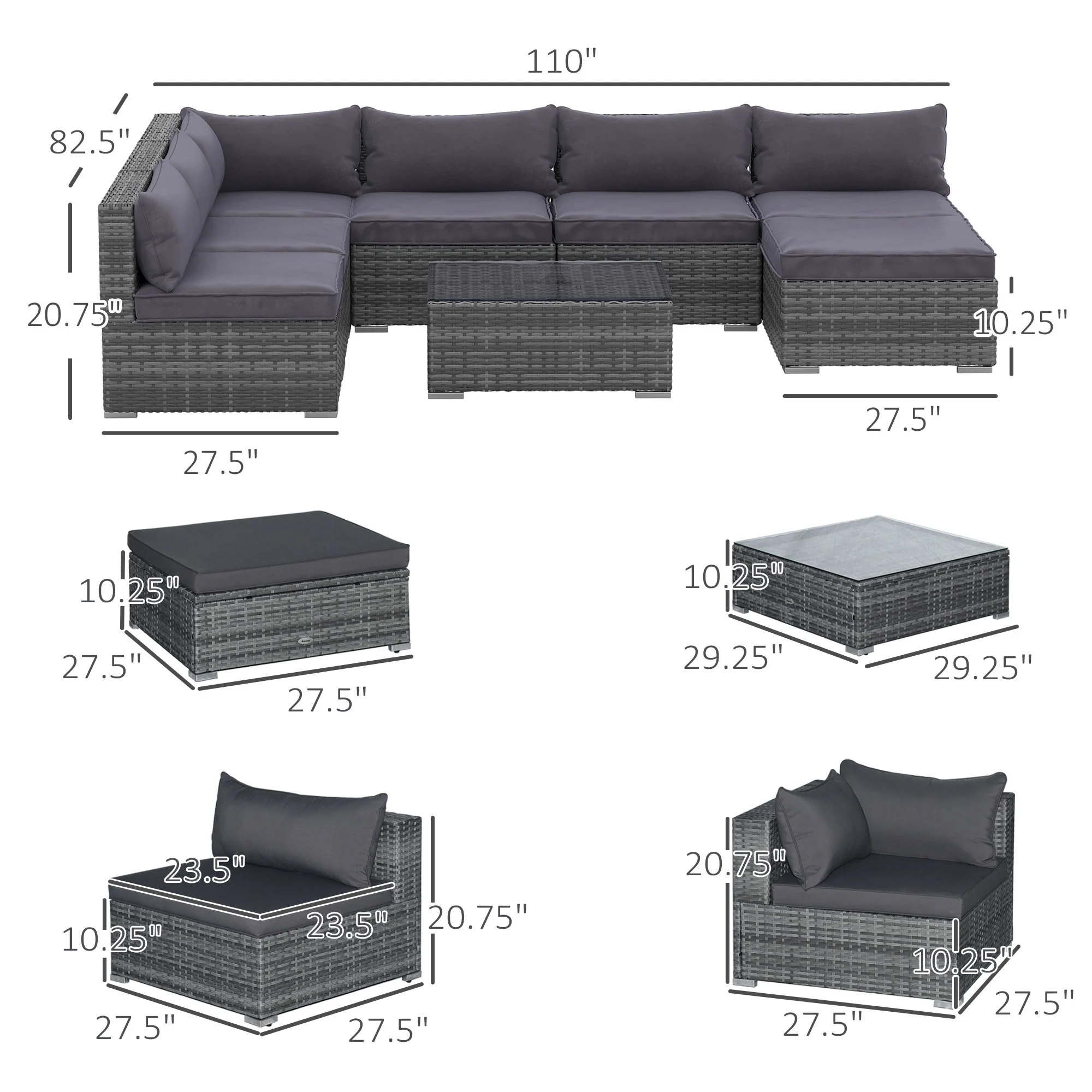 Outsunny Patio Furniture Set, 8 Pieces, Sectional Sofa, All Weather PE Rattan Conversation Set, Tempered Glass Table, 6 Seats, Ottoman Footstool