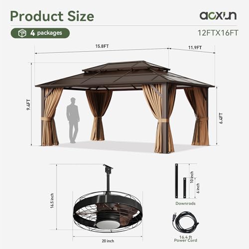 Aoxun 12'x10' Hardtop Gazebo, Aluminum Frame Permanent Pavilion with Curtains and Netting, Outdoor Polycarbonate Double Roof Canopy
