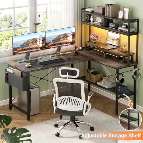 Aheaplus L Shaped Gaming Desk with Power Outlets & LED Lights, Small L- Shaped Desk Computer Corner Desk with Monitor Stand & Storage Shelf