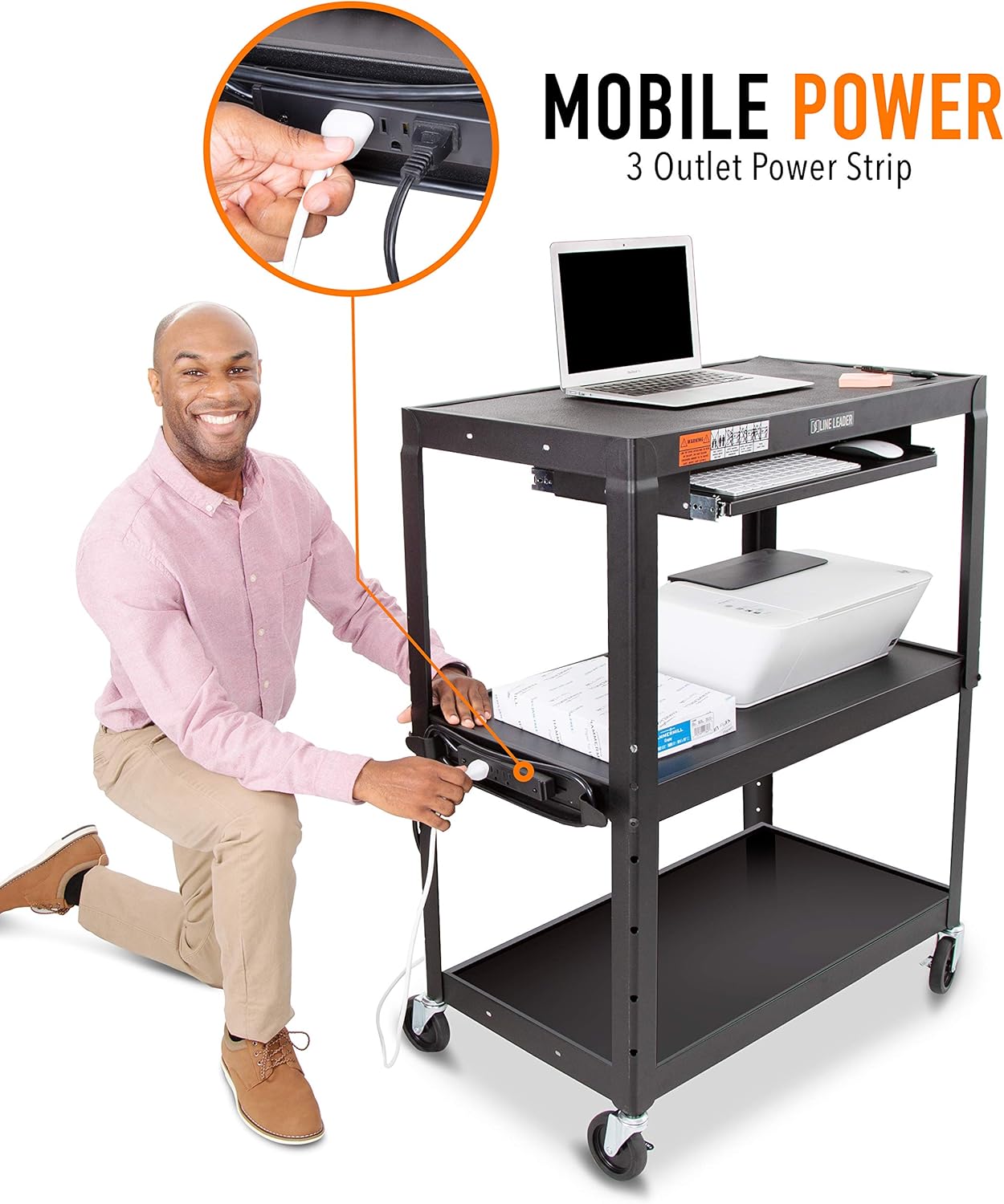 Line Leader Large AV Cart with Retractable Keyboard Tray | Height Adjustable Utility Cart | Includes Pullout Keyboard Tray & Cord Management | Easy