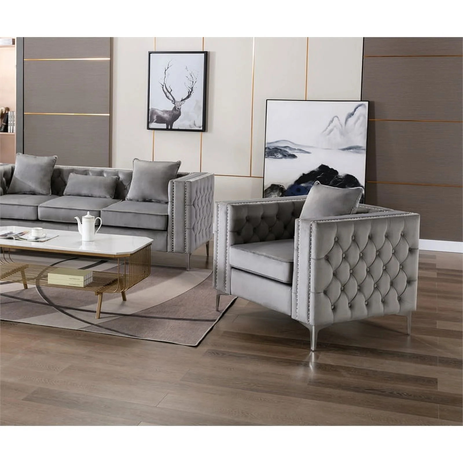 Home Square 2 Piece Velvet Fabric Loveseat and Chair Set in Gray