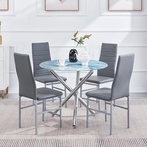 Round Glass Dining Table Set 5 Pieces Dining Table Chair Set for Home Kitchen Round Tripod Chrome Legs Table with 4 PU Chairs