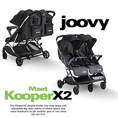 Joovy Kooper X2 Side-by-Side Double Stroller Featuring Dual Snack Trays, One-Handed Fold, Multi-Position Reclining Seats, Adjustable Leg Rests