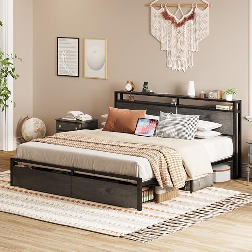 LIKIMIO King Bed Frame with Storage Headboard, Platform Bed with Drawers and Charging Station, No Box Spring Needed, Easy Assembly, Vintage Brown