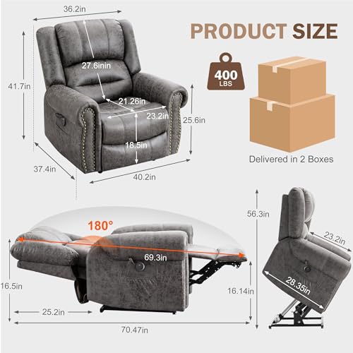 Large Dual Motor Power Lift Recliner Chair with Massage and Heat for Elderly People, Adjustable Headrest, Infinite Position, USB Ports