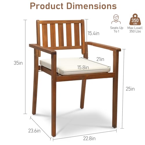 Outvita Stackable Patio Dining Chairs Set of 4, Durable Acacia Wood Outdoor Chairs with Removeable Cushions and Comfortable Armrests for Porch