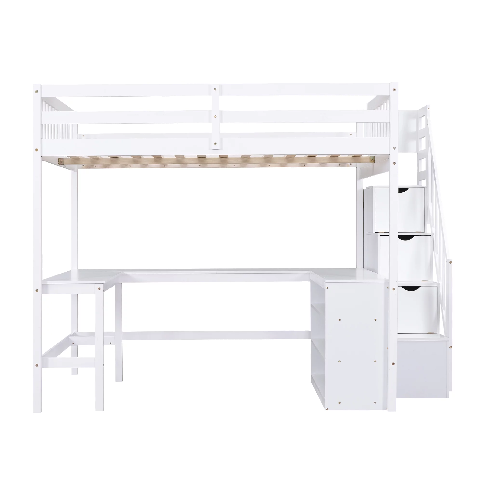 EUROCO Wood Full Size Loft Bed with Desk, Shelf and Storage Staircase for Kids Teens Adults, Built-in Desk with Bookscase for Working Station