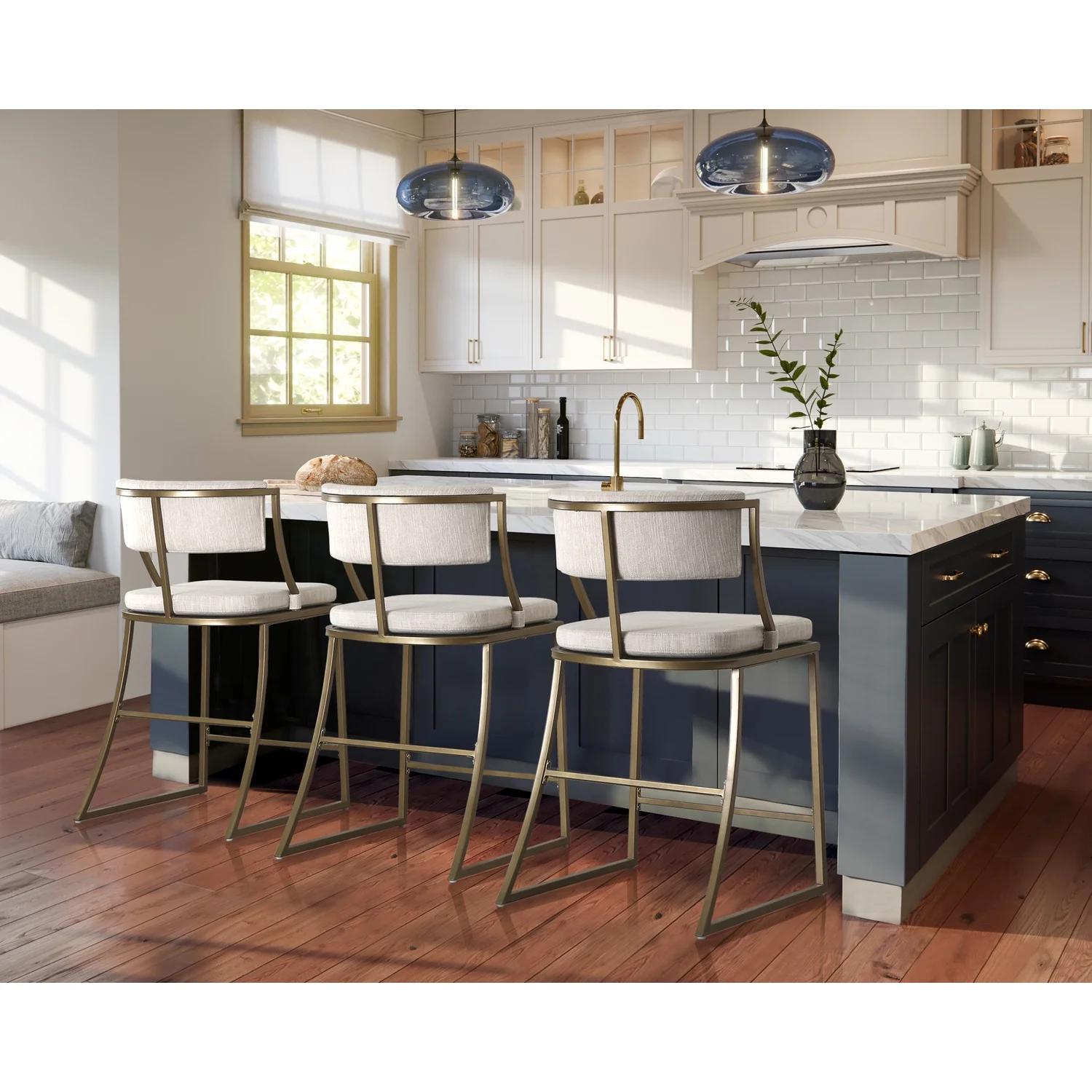 Mina 25in. Counter-Height Metal Bar Stool with Back- Antique Brass