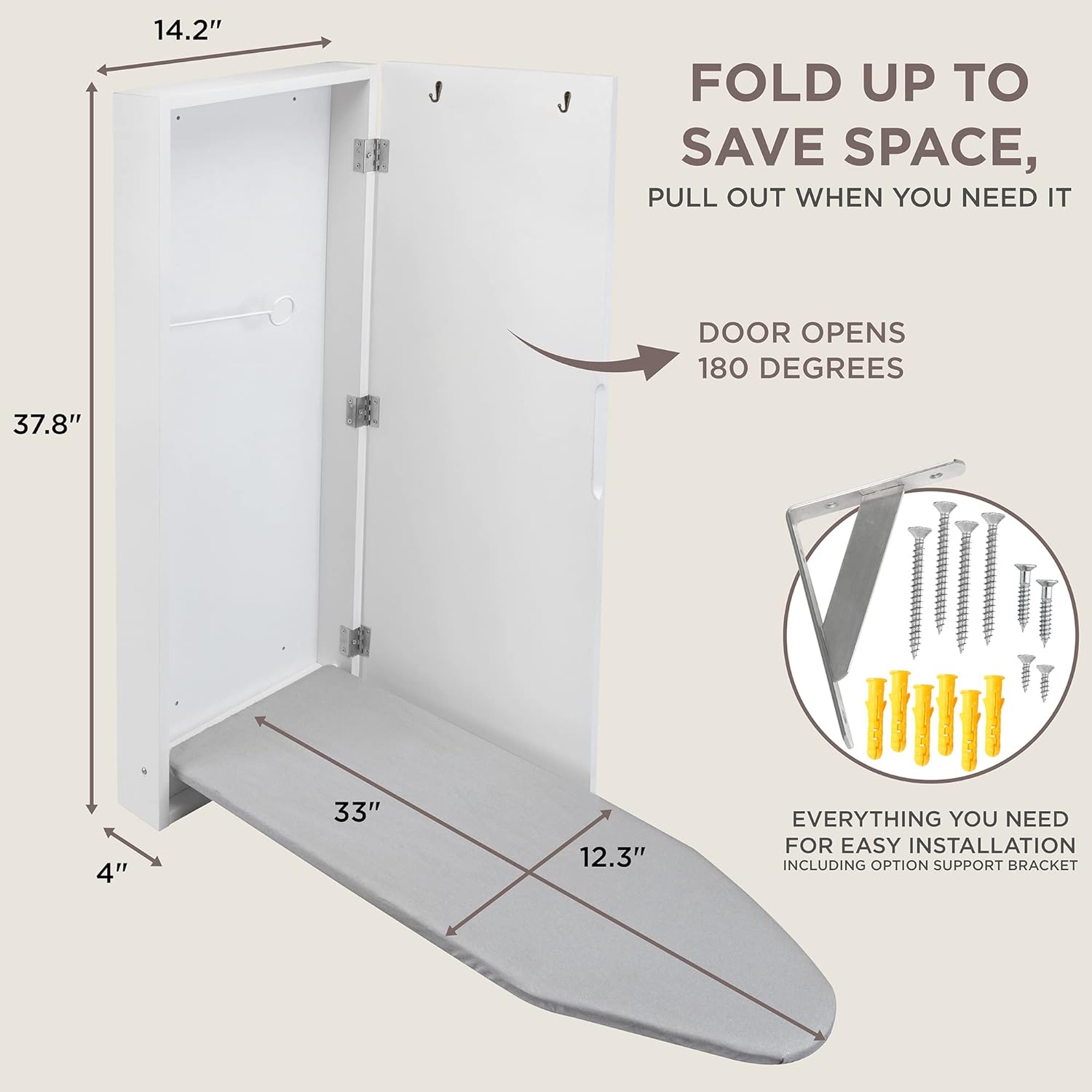 Ivation Wall Mounted Ironing Board Cabinet, Foldable Ironing Storage Station for Home, Apartment & Small Spaces, Easy-Release Lever, White