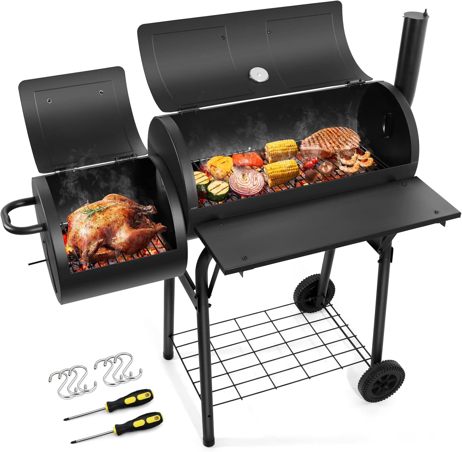 HaSteeL Charcoal Grill with Offset Smoker, Outdoor Barrel BBQ Grill, Camping Barbecue Grill for Patio Backyard Garden Party Picnic