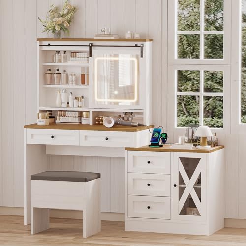 Farmhouse Vanity Desk with Sliding Lighted Mirror & Stool, Vanity Dresser Combo, Large Makeup Vanity with 8 Storage Shelves, 5 Drawers