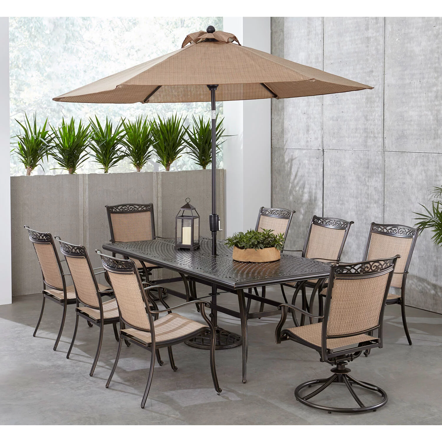 Hanover Fontana 9-Piece Aluminum Outdoor Dining Set, 42" x 84" Cast-Top Table