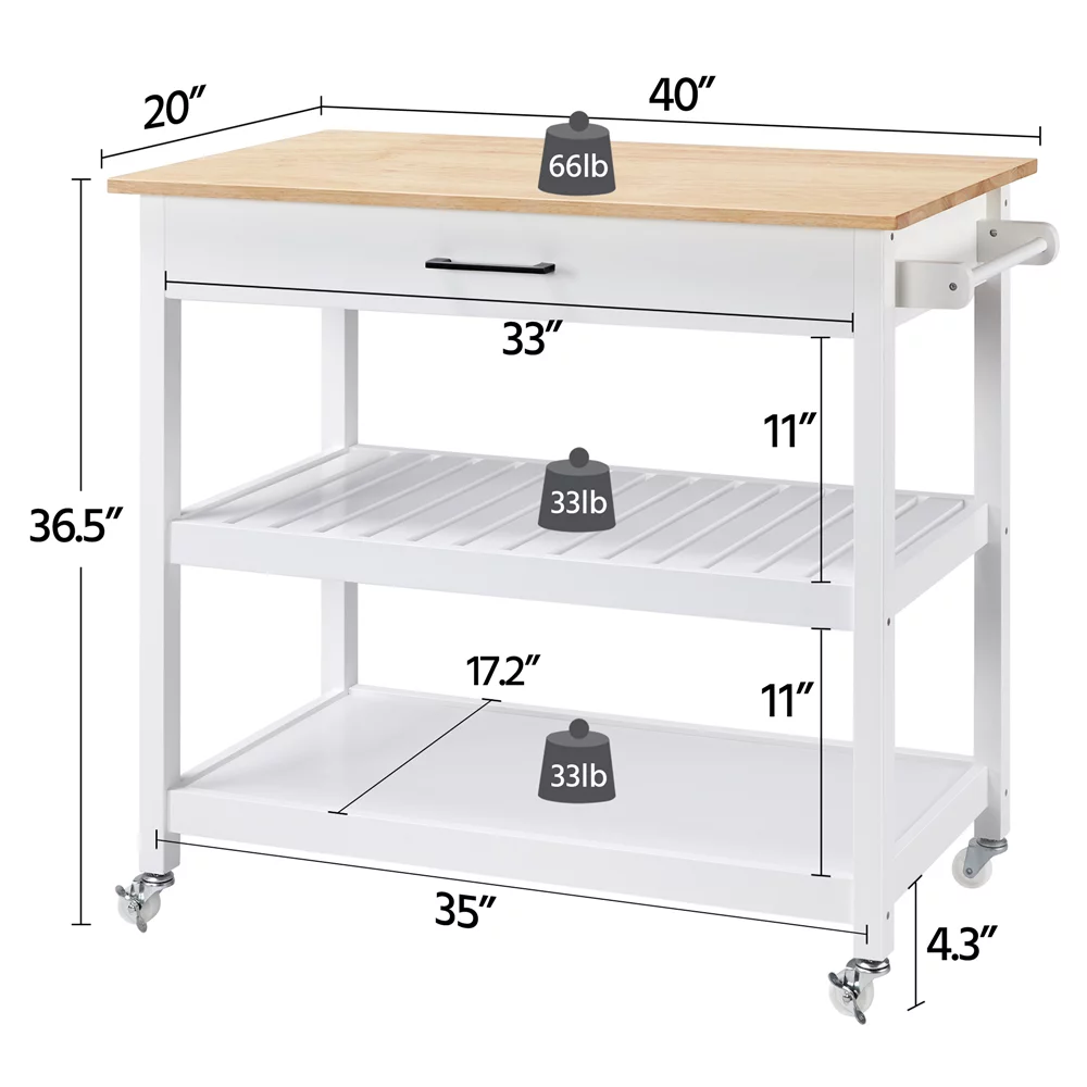 Topeakmart Kitchen Island Cart with Wheels Storage Drawer Solid Wood Countertop, White