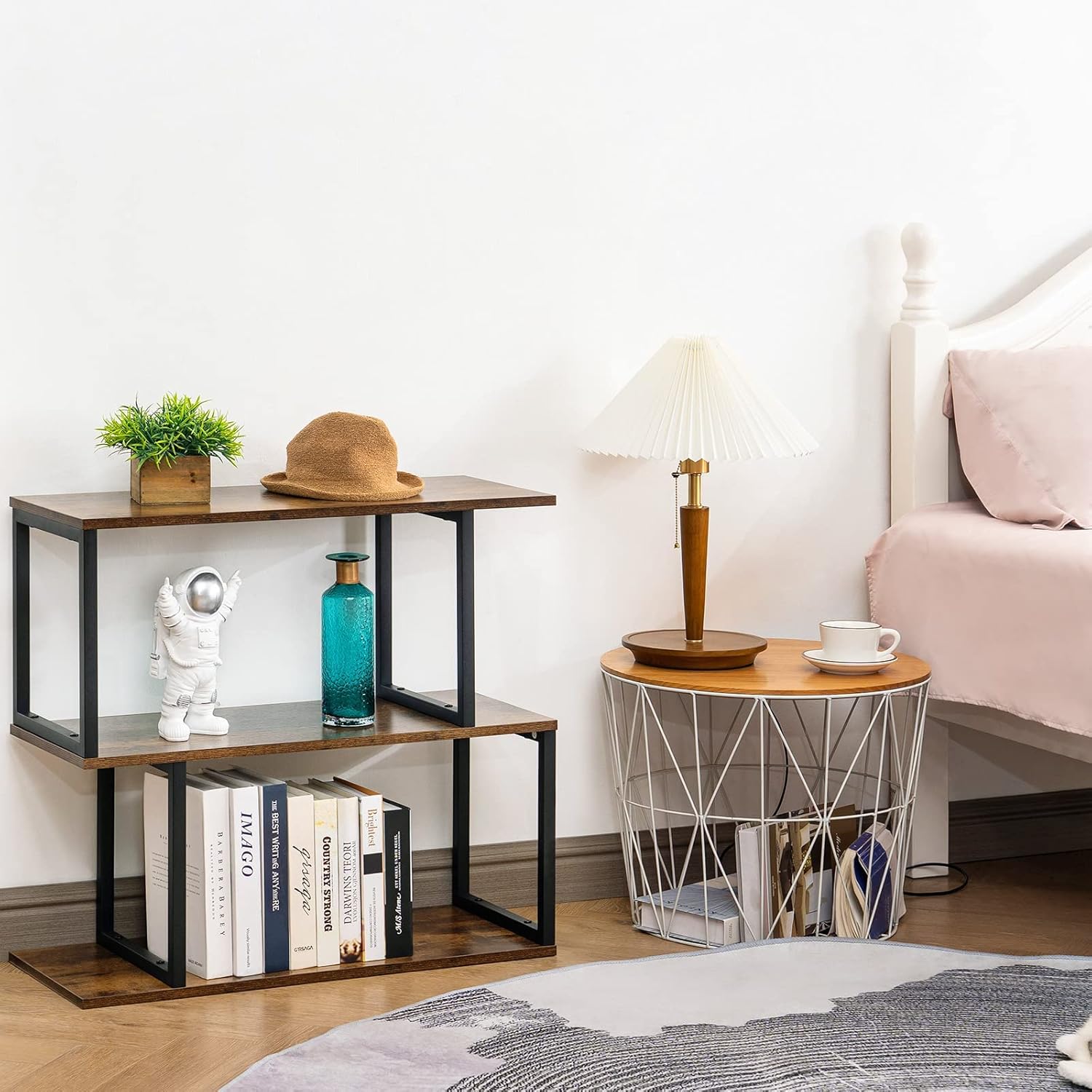 Apicizon Industrial Bookshelves Wooden Bookcase, 2-Tier Bookshelf, S-Shaped Bookshelf Modern Bookshelf