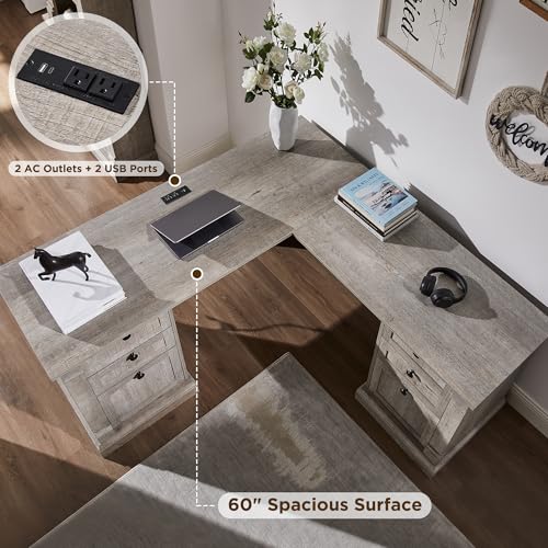 OKD 60" Executive Desk with Drawers, Farmhouse Home Office Desk with Charging Station, Keyboard Tray, File Cabinet Storage