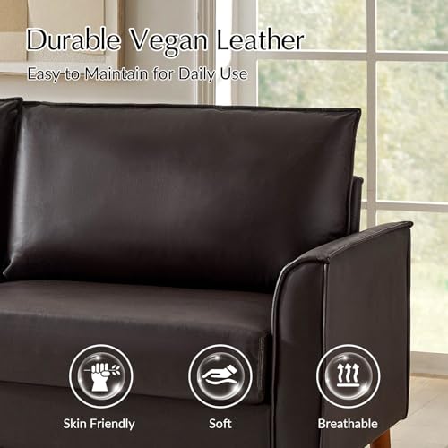 HULALA HOME 78" Faux Leather Sofa with Solid Wood Legs, Mid-Century Modern PVC Leather Couch, Comfy Upholstered 3-Seater Sofa for Living Room Bedroom