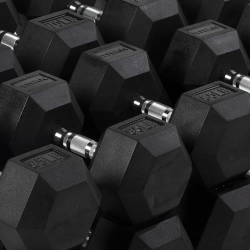 Titan Fitness 55-100 LB Pair Free Weights, Black Rubber Coated Hex Dumbbell, Ergonomic Chrome Handle, Strength Training, Full Body Workout