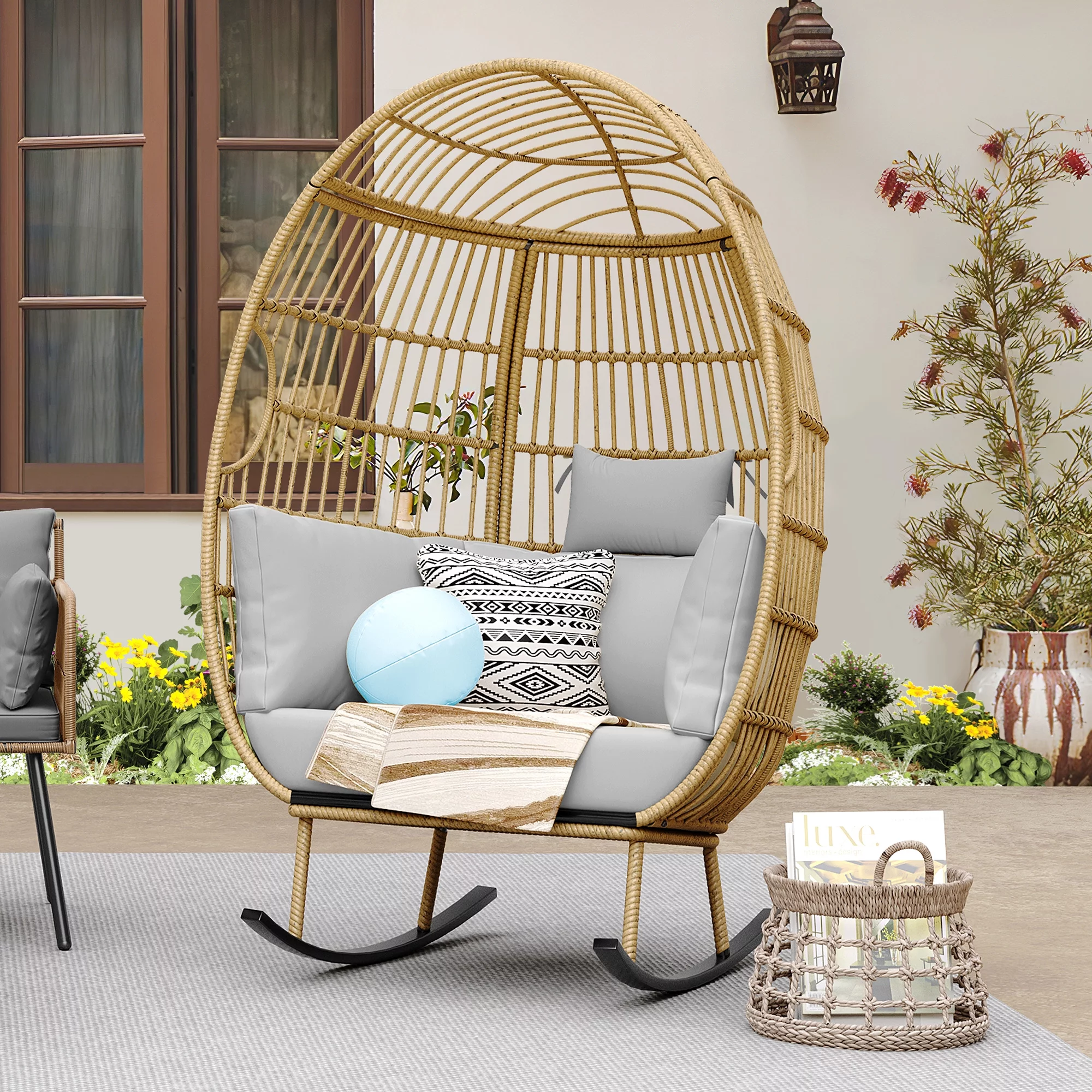 Dextrus Indoor Outdoor Rocking Egg Chair, Wicker Patio Rocking Basket Chair with 385lbs Capacity, All-Weather Oversized Egg Lounger Chair - Grey