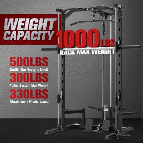 RitFit Smith Machine Power Rack with LAT-Pull Down System, Landmine, Barbell Bar, Plate Storage Pegs and More Training Attachment
