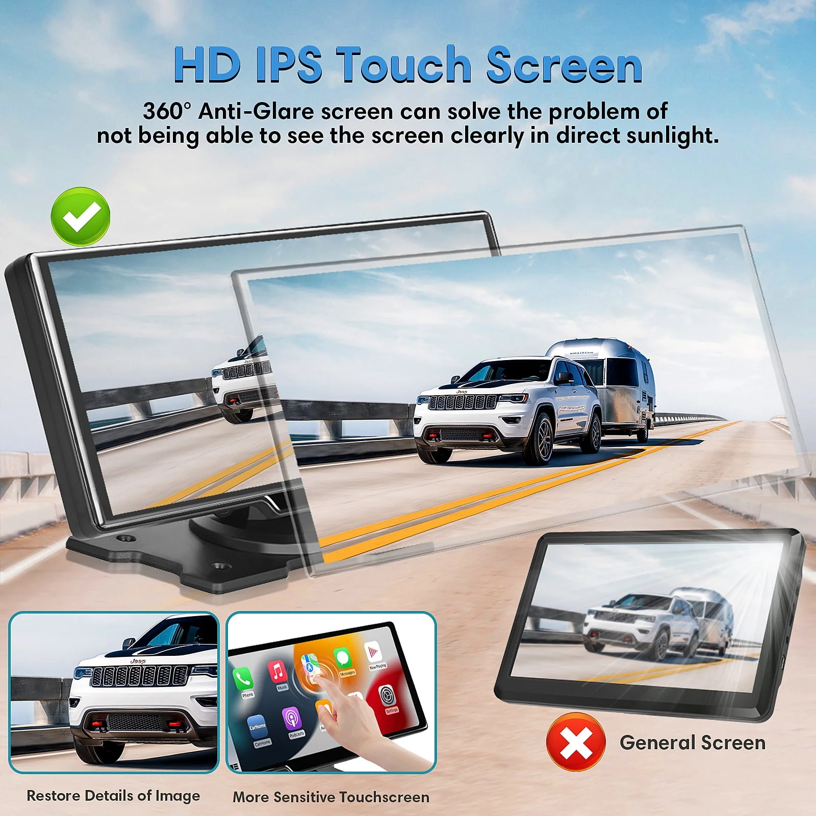 Wireless Carplay Screen for Car, 2.5K Dash Cam, 64G SD Card, Backup Camera, Bluetooth, GPS Navigation, Android Auto, 9.3 Portable Car Play Screen