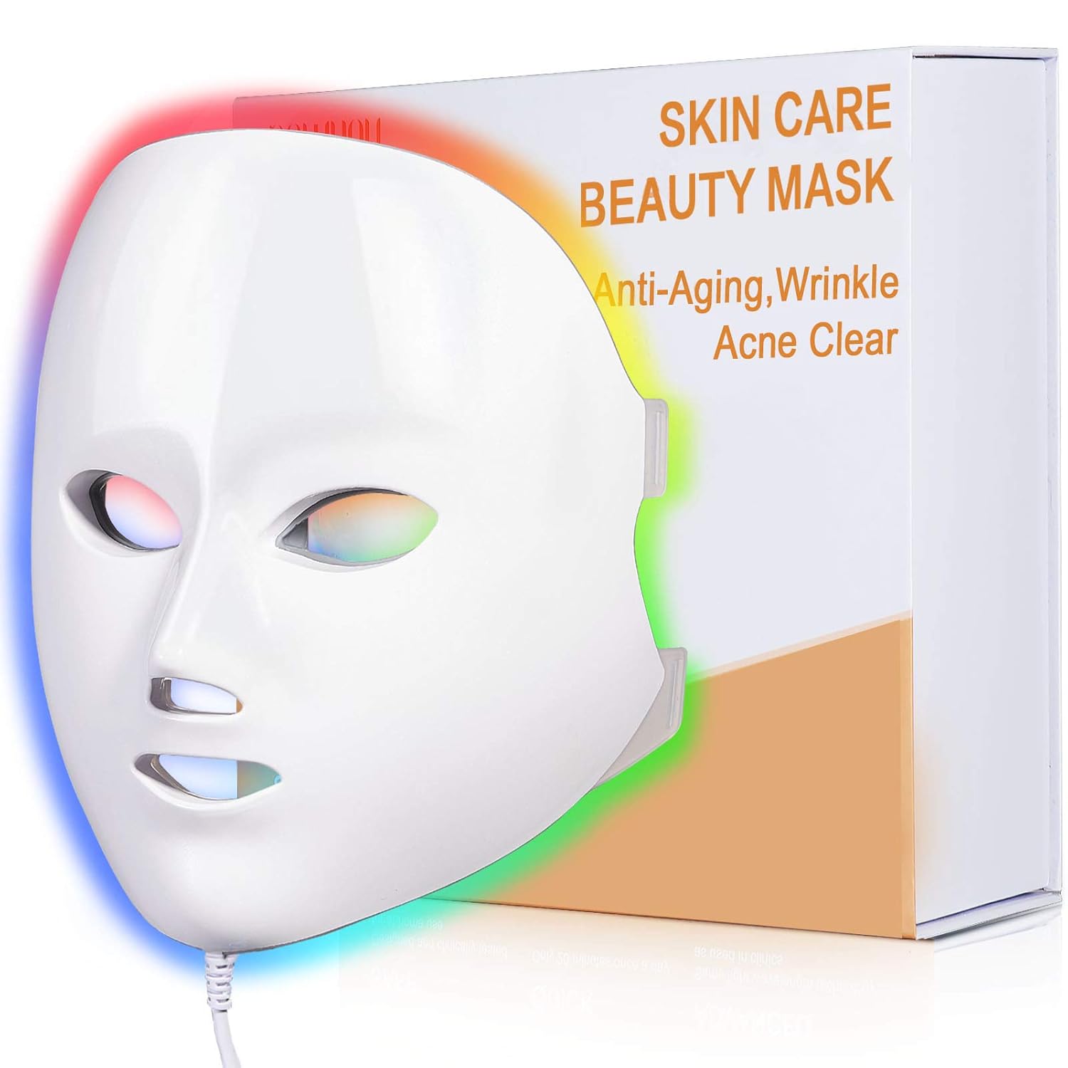 LED Face Mask Light Therapy, NEWKEY LED Facial Skin Care Mask, 7 Colors Red and Blue Light Therapy Mask, Photon LED Mask for Acne Reduction