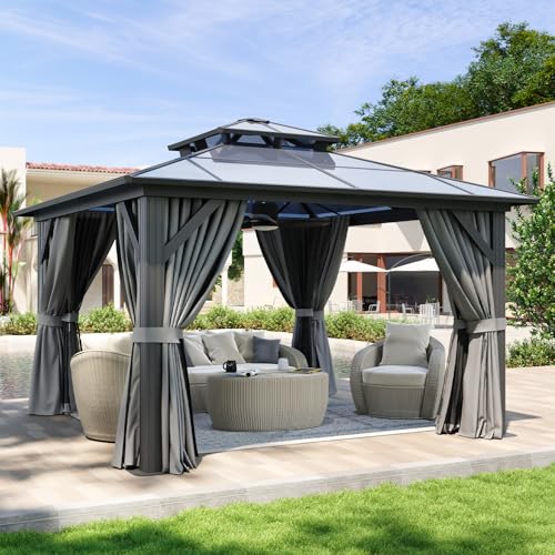 Aoxun 12'x10' Hardtop Gazebo, Aluminum Frame Permanent Pavilion with Curtains and Netting, Outdoor Polycarbonate Double Roof Canopy