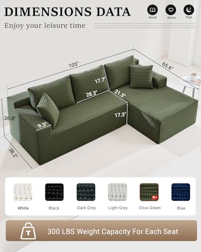 105 Inch Cloud Sectional Couch,Modern Modular Sectional Sofa with Deep Seat,Corduroy Boneless Couches with L-Shape Chaise for Living Room Bedroom