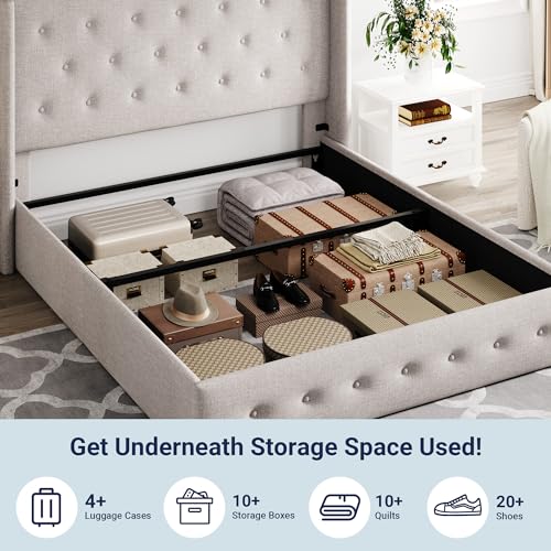 Allewie Full Size Lift Up Storage Bed, Modern Wingback Headboard, Hydraulic Support, No Box Spring Needed, Light Beige
