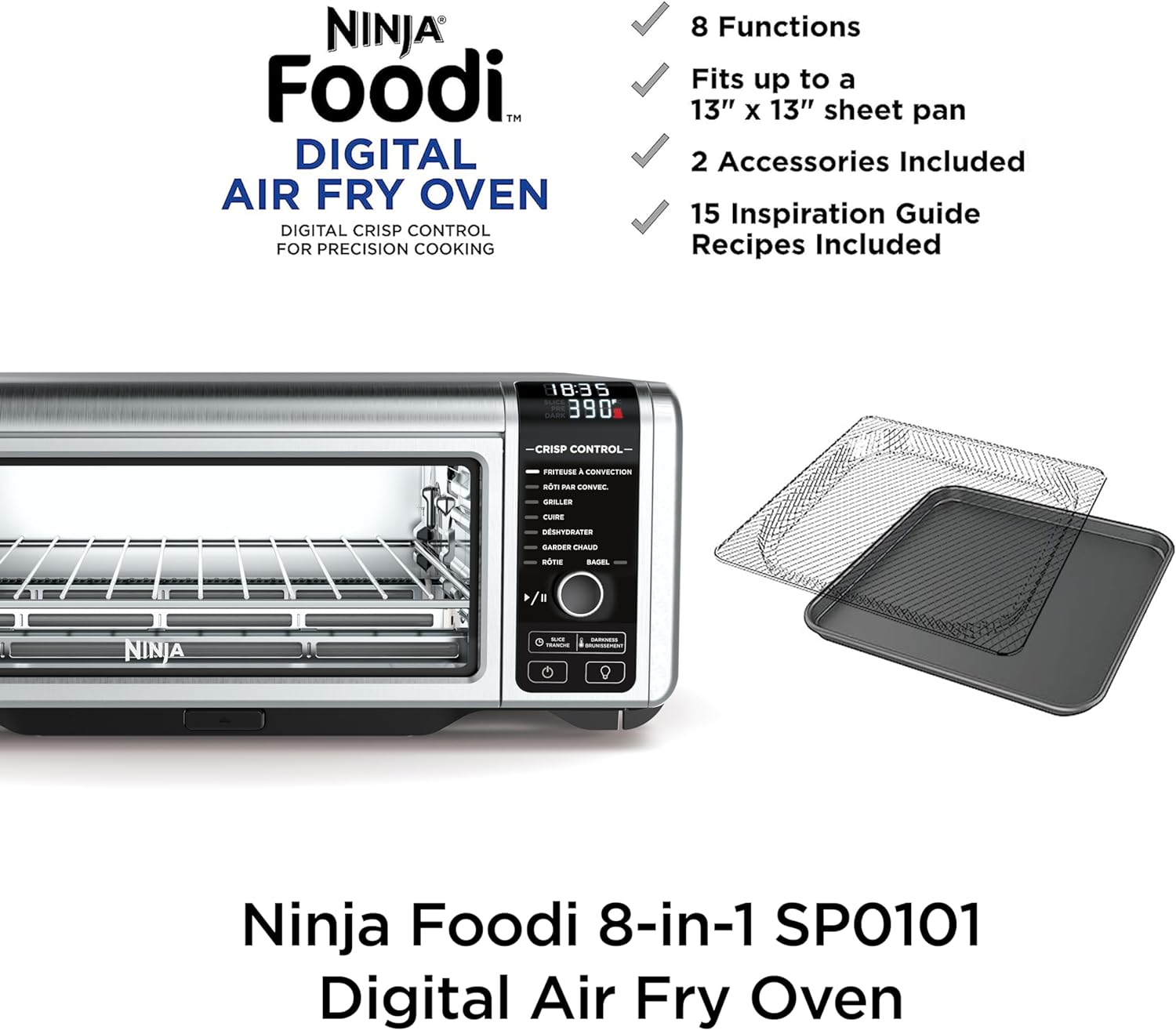 Ninja SP101 Digital Air Fry Countertop Oven with 8-in-1 Functionality, Flip Up & Away Capability for Storage Space, with Air Fry Basket