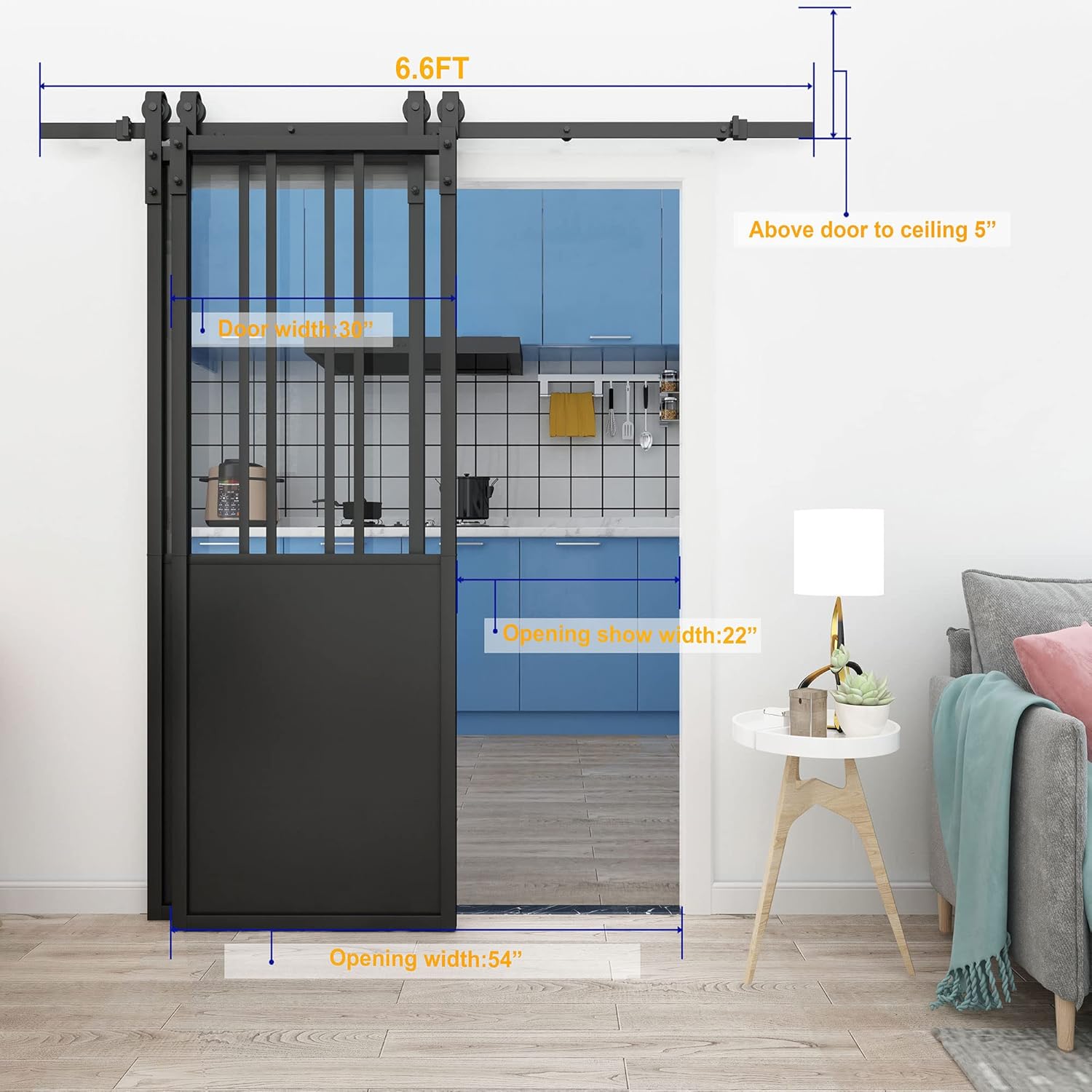 JUBEST Double Barn Door 60 x 84 in with 6.6FT Hardware Kit, 2 Sets of 30x84 in Clear Tempered Glass Aluminum Frame Barn Door,Pocket Interior Door