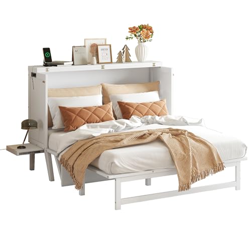 Queen Murphy Bed with Desk and Removable Shelves on Each Side, Murphy Bed Chest Murphy Bed Frame w/USB Port for Home Office, Studio or Guest Room